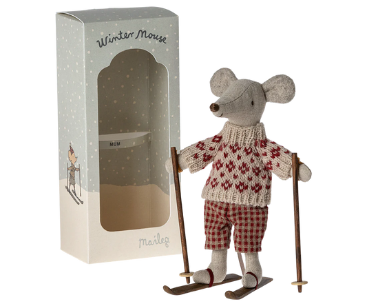 Maileg Winter Mouse with Ski Set, Mum
